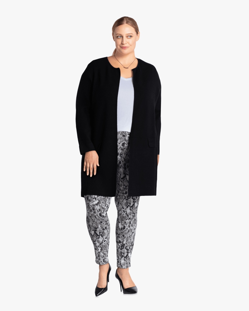 Plus size model with hourglass body shape wearing Mandy Tunic Cardigan by Rafaella | Dia&Co | dia_product_style_image_id:113516